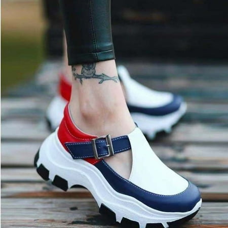 

LnjYIGJ Low Heels Shoes Fashion All-match Women s Shoes Platform Leather Buckle Casual Shoes Height Increasing Shoes