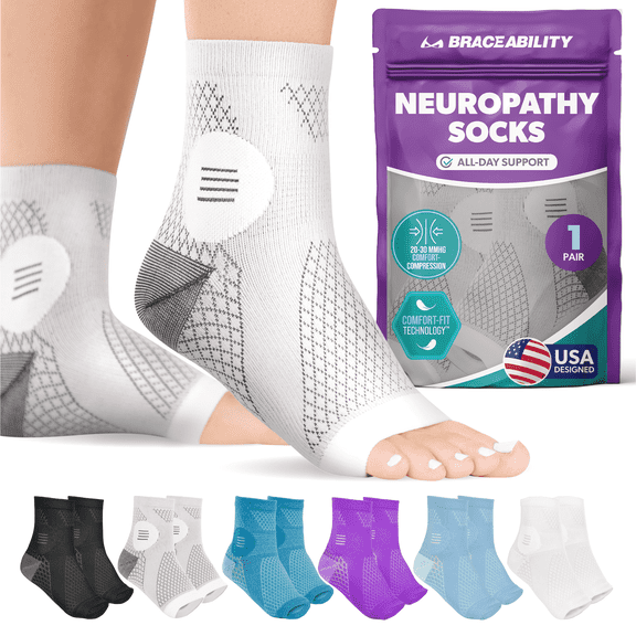 BraceAbility Neuropathy Compression Socks 20-30 mmHg Open Toe Circulation Support L, Gray, 1 Pair