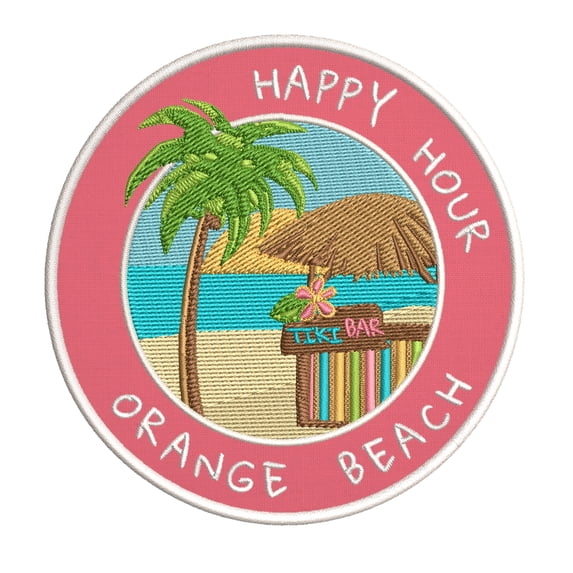 Happy Hour! Orange Beach, Georgia 3.5 Inch Iron Or Sew On Embroidered Fabric Badge Patch Ocean Beach, Salt Life Iconic Series