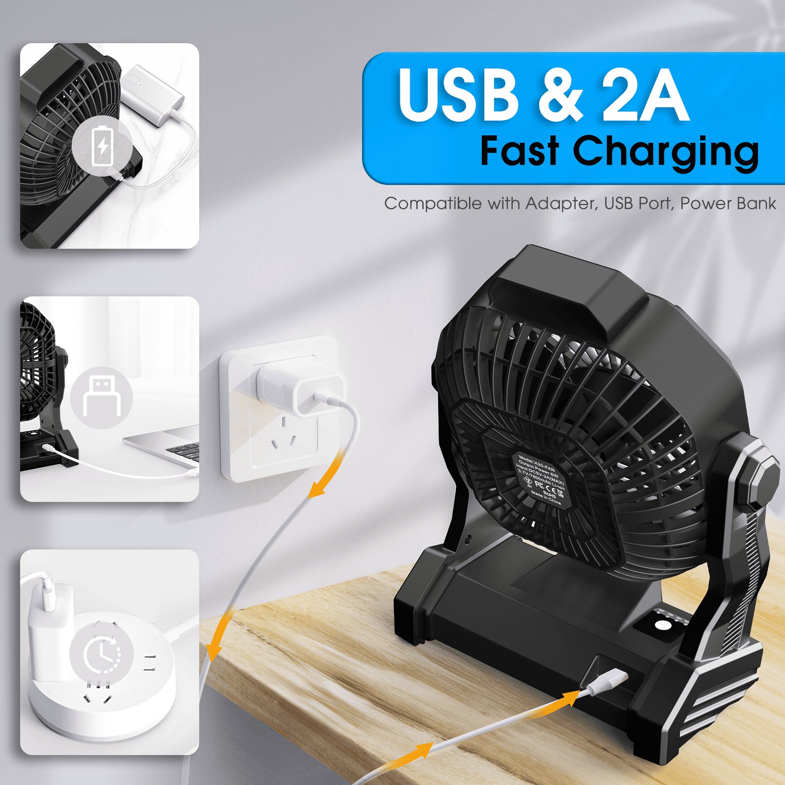 JINLICTE Camping Fan with LED Lantern, 10400 mAh 9 Inch Portable Rechargeable Battery Powered Fan with Stepless Speed and Quiet Battery Operated for Picnic, Barbecue, Fishing,Home, Tent Black