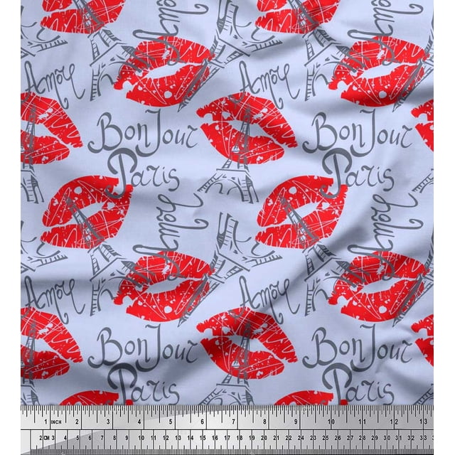 Soimoi Blue Cotton Cambric Fabric Text,Eiffel Tower & Lips Women Fabric Prints By Yard 56 Inch Wide