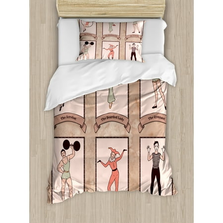 Circus Duvet Cover Set, Vintage Circus Characters Acrobat Bearded Lady Gymnast Strong Man Harlequin Mime, Decorative Bedding Set with Pillow Shams, Pink Beige, by