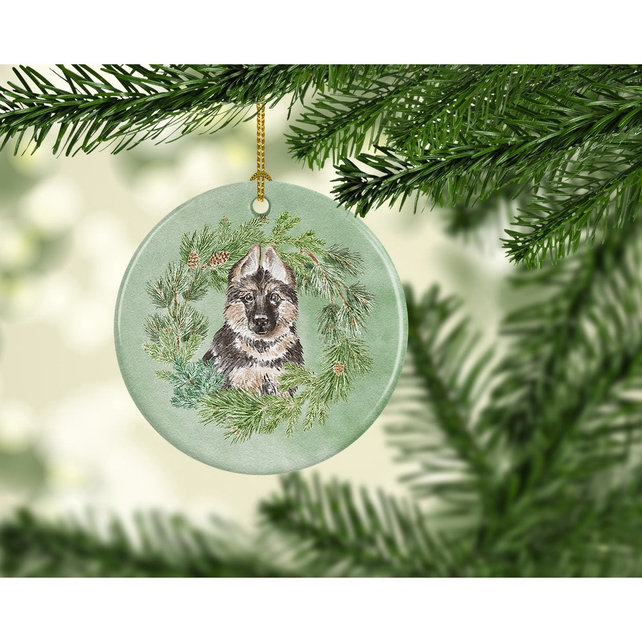 German Shepherd Puppy Christmas Wreath Ceramic Ornament 2.8 in x 2.8 in