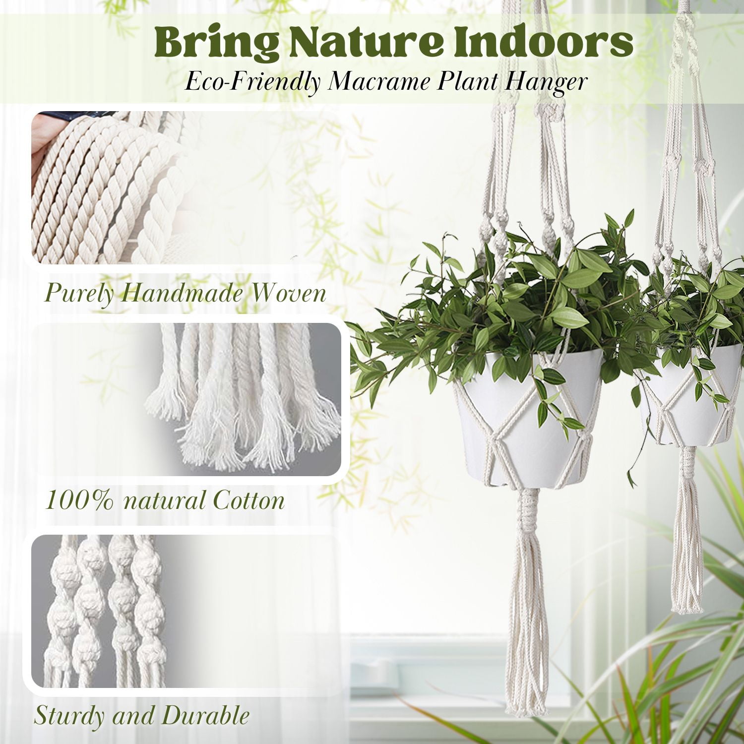 2 Pack White Macrame Plant Hanger - 41 Inch Macrame Hanging Planter with C & S Hooks - Indoor Hanging Plant Holder with Woven Cotton Rope for Home Decor (Plant Pot Not Included)