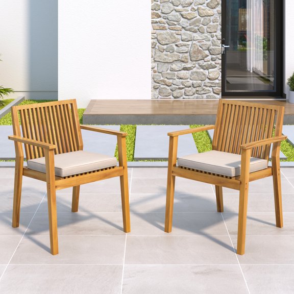 Euroco 2-Piece Outdoor Dining Chair Set with Waterproof Cushions, Acacia Wood Armchairs for Patio, Garden, or Balcony