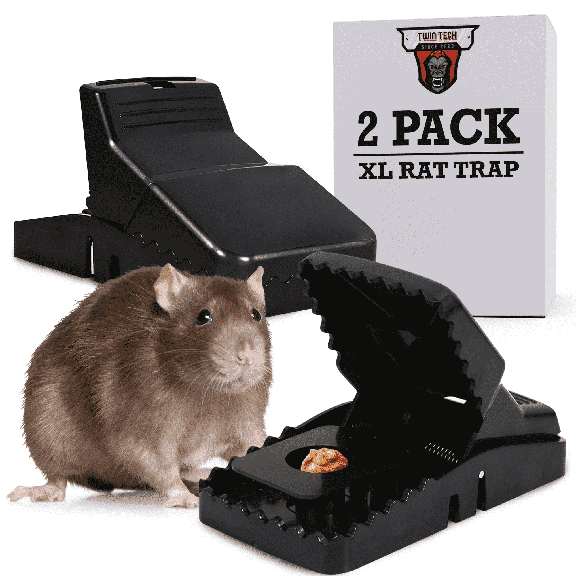 TwinTwinTech Extra Large Jaws Reusable Rat Snap Traps, Touch-Free, 2 Pack