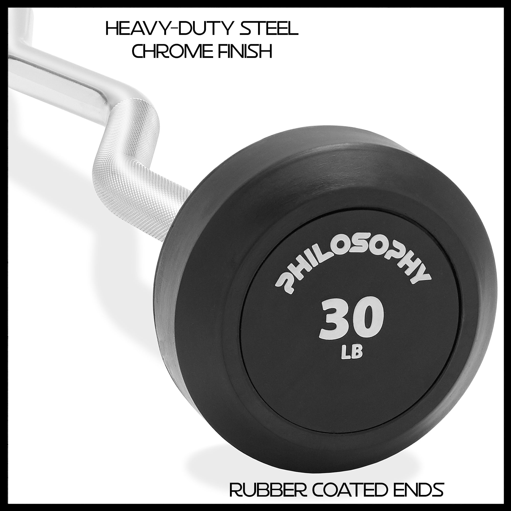 Philosophy Gym Rubber Fixed Barbell, 30 LB Pre-Loaded Weight EZ Curl Bar for Strength Training & Weightlifting