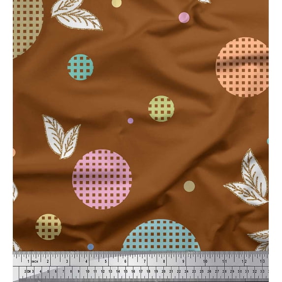 Soimoi Brown Velvet Fabric Check,Leaves & Dots Printed Fabric 1 Yard 58 Inch Wide