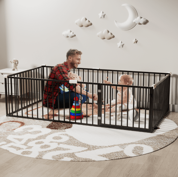 Twin Size Minimalist Metal Floor Bed Frame, Montessori Bed with Fence and Door, Low Children Bed for Boy & Girl,Black