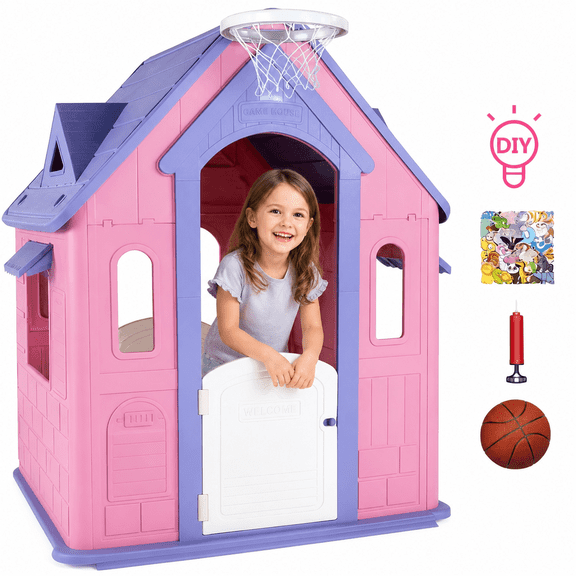 Fenbeli Kids Playhouse with Basketball Hoop, DIY Animal Stickers and Air Pump, Indoor Outdoor Activity Playhouse for Toddlers, Gift for Girls Boys, Pink