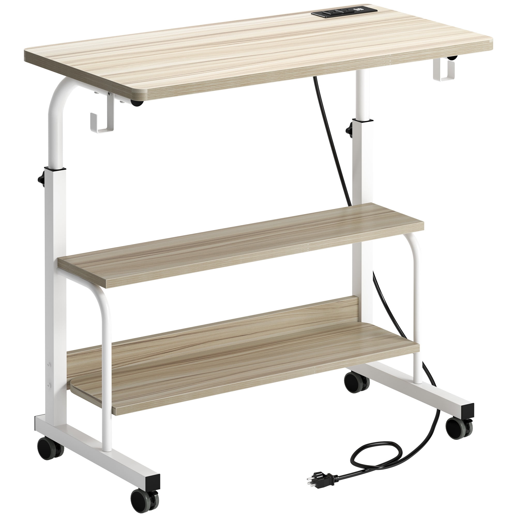 Soges 31.5" Height Adjustable Computer Desk with Charging Station, Adjustable Side Table Movable Laptop Desk with 2 Storage Shelves, Adjustable Desk on Wheels for Home Office, Sofa, Bed, Maple