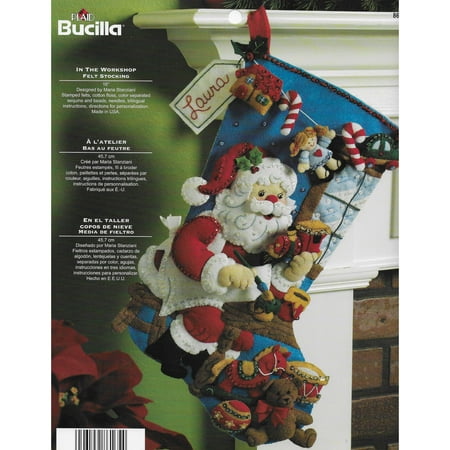 Bucilla Felt Applique Christmas Stocking Kit, Santa in the Workshop, 18"