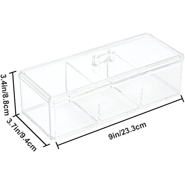 soporte para bastoncillos de algodón con 3 compartimentos, organizador de caja de contenedor de bastoncillos de algodón para aperitivos acrílicos para sala de estar, dormitorio, baño 23*9,5*8,5 cm