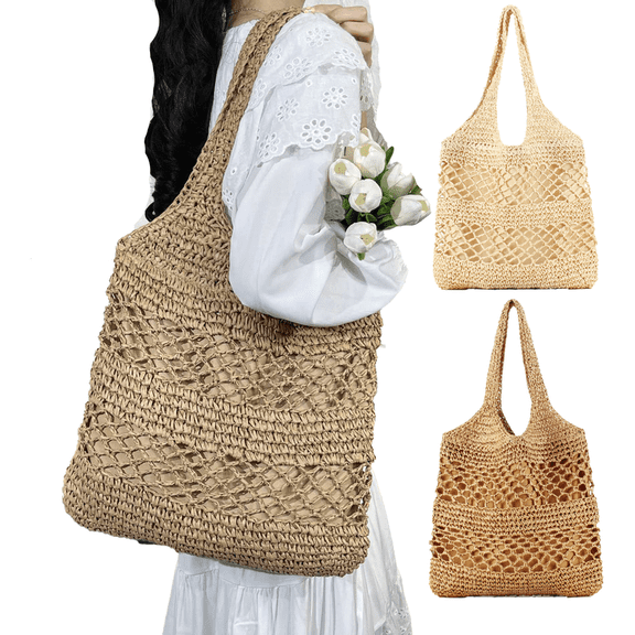 Yoyauz Women's Grass Woven Beach Bag - Women's Beach Handmade Woven Handbag, Summer Mesh Hollow Shoulder Bag, Suitable for Holidays