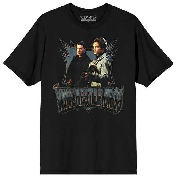 Supernatural Winchester Bros Sam & Dean with Guns on Black Short Sleeve Adult T-Shirt-XS