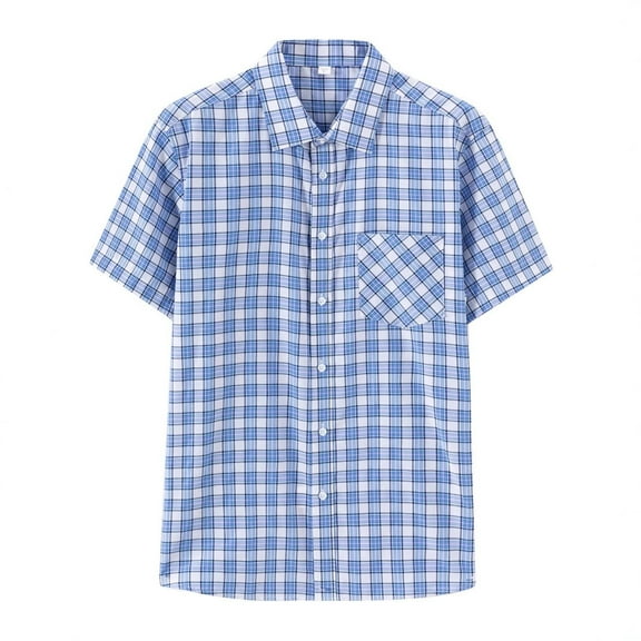 KeShDi Flannel Shirt for Men Men Fashion Casual Button Comfy Short Sleeve Turndown Blouse T-Shirt Blue L