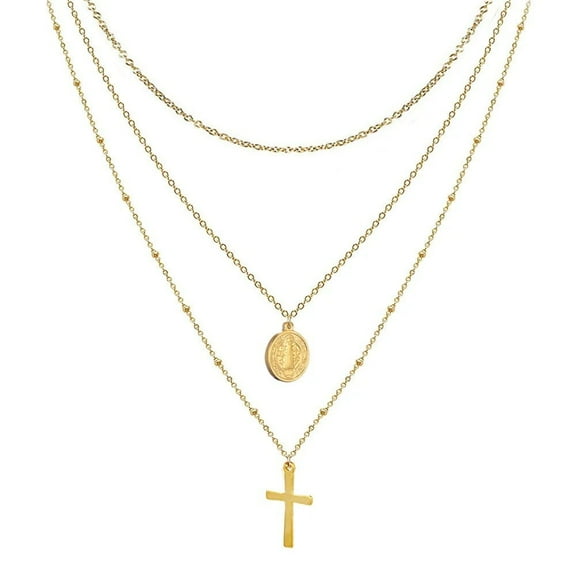 Lovelords Bohemian Multi-layer Virgin Mary 14k Yellow Gold Pendant Necklace for Women Geometric Cross Moon Star Chokers Chain Jewelry