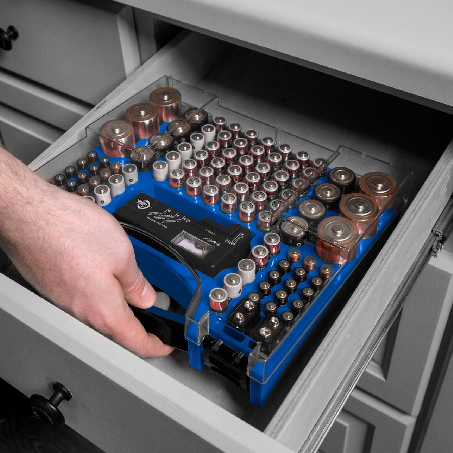 Battery Pro Organizer & Tester, Holds 100 Assorted Batteries, 1 Case, Blue