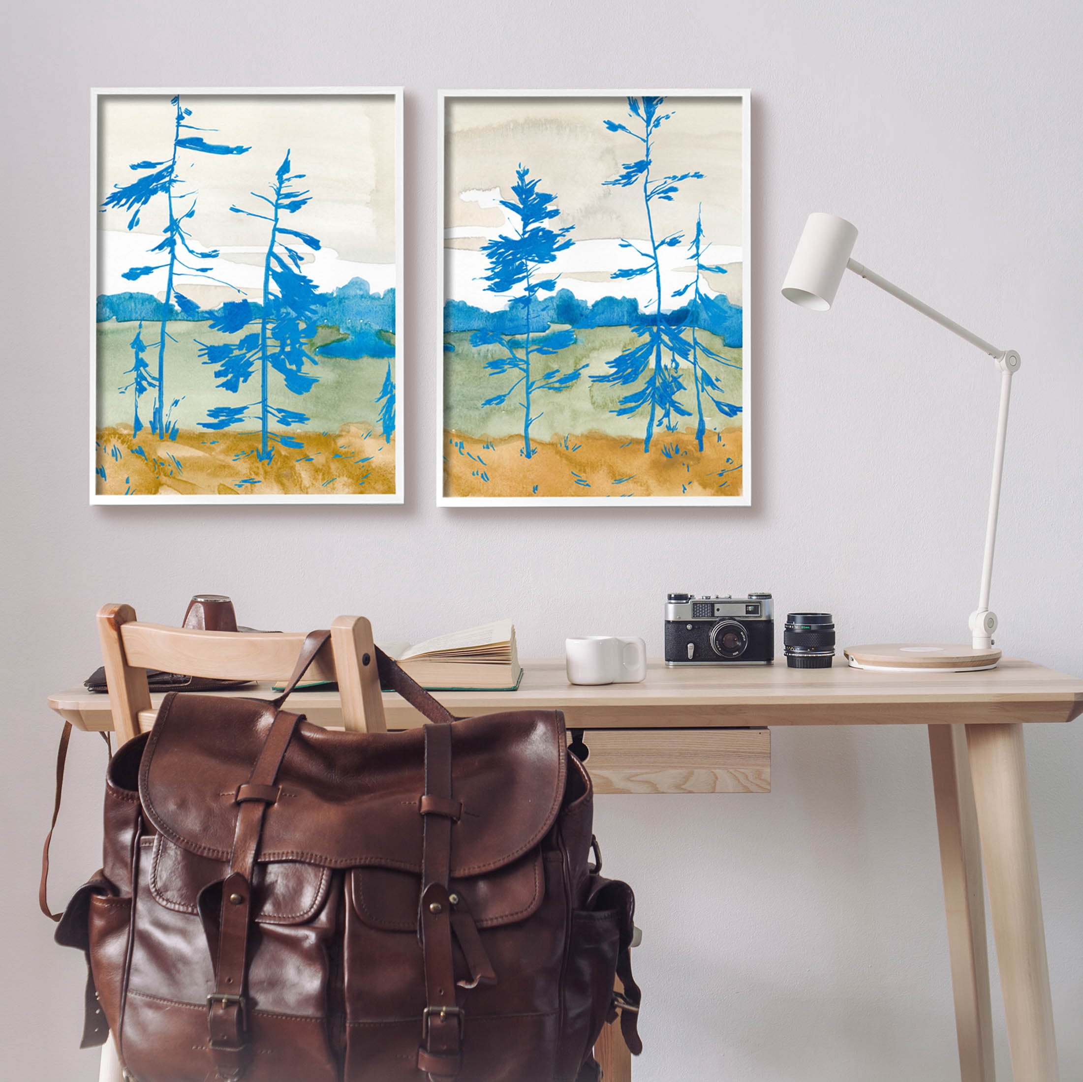 Stupell Industries Modern Blue Tree Scenery Painting White Framed Art Print Wall Art, Set of 2, Design by Jacob Green