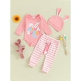 thumbnail image 3 of Elippeo Baby Girls Easter Infant Baby Girls Boys Pants Sets 3M 6M 12M 18M Long Sleeve Letter Bunny Print Romper Tops Striped Pants Hat Set, 3 of 9