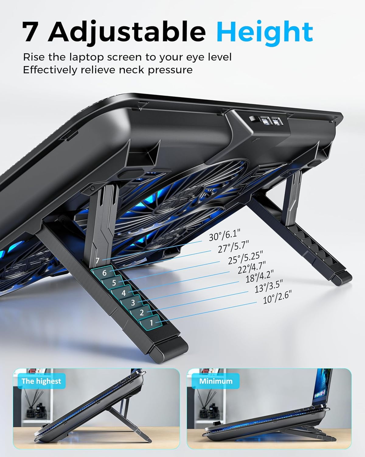 Laptop Cooling Pad with 6 High-Speed Fans, Laptop Cooler with Adjustable Angles, Compatible with 14-17.3 Inch Laptops