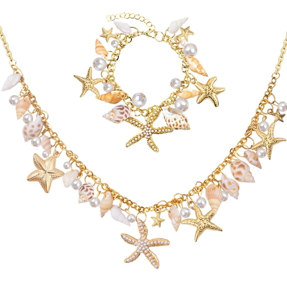 Shell Starfish Necklace Bracelet for Women Jewelry Set, Faux Pearl Conch Chunky Adjustable Chain Necklace Bracelet Mermaid Costume Accessories for Beach Party Vacation Cosplay