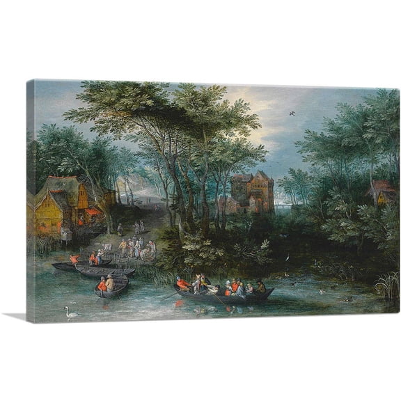 ARTCANVAS A Wooded Landscape With Peasants Crossing The River Canvas Art Print by Jan Brueghel The Elder - Size: 12" x 8" (0.75" Deep)