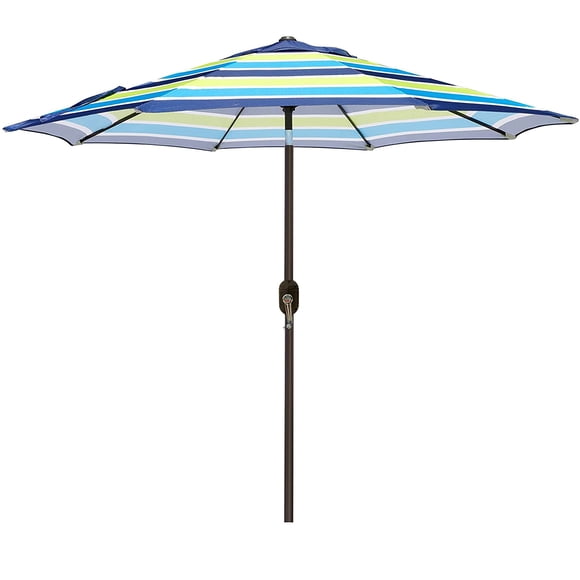Blissun Parasol de Patio Extérieur en Aluminium 9 Pieds, Parasol Rayé, Parasol de Marché avec Inclinaison à Bouton-Poussoir et Manivelle (Bleu et Vert)