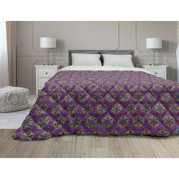 Tribal Down Alternative Comforter, Composition of Blooming Flowers Abstract Colorful Design with Circles and Rhombus, Microfiber Quilt for All Season, 5 Sizes, Multicolor, by Ambesonne