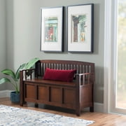 Linon Cynthia Wood Storage Bench FlipTop Slat Back & Side in Walnut Brown Finish