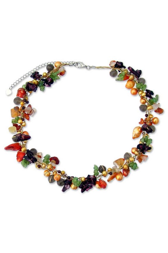 Pearl and chalcedony beaded necklace 'Sweet Floral Cascade'
