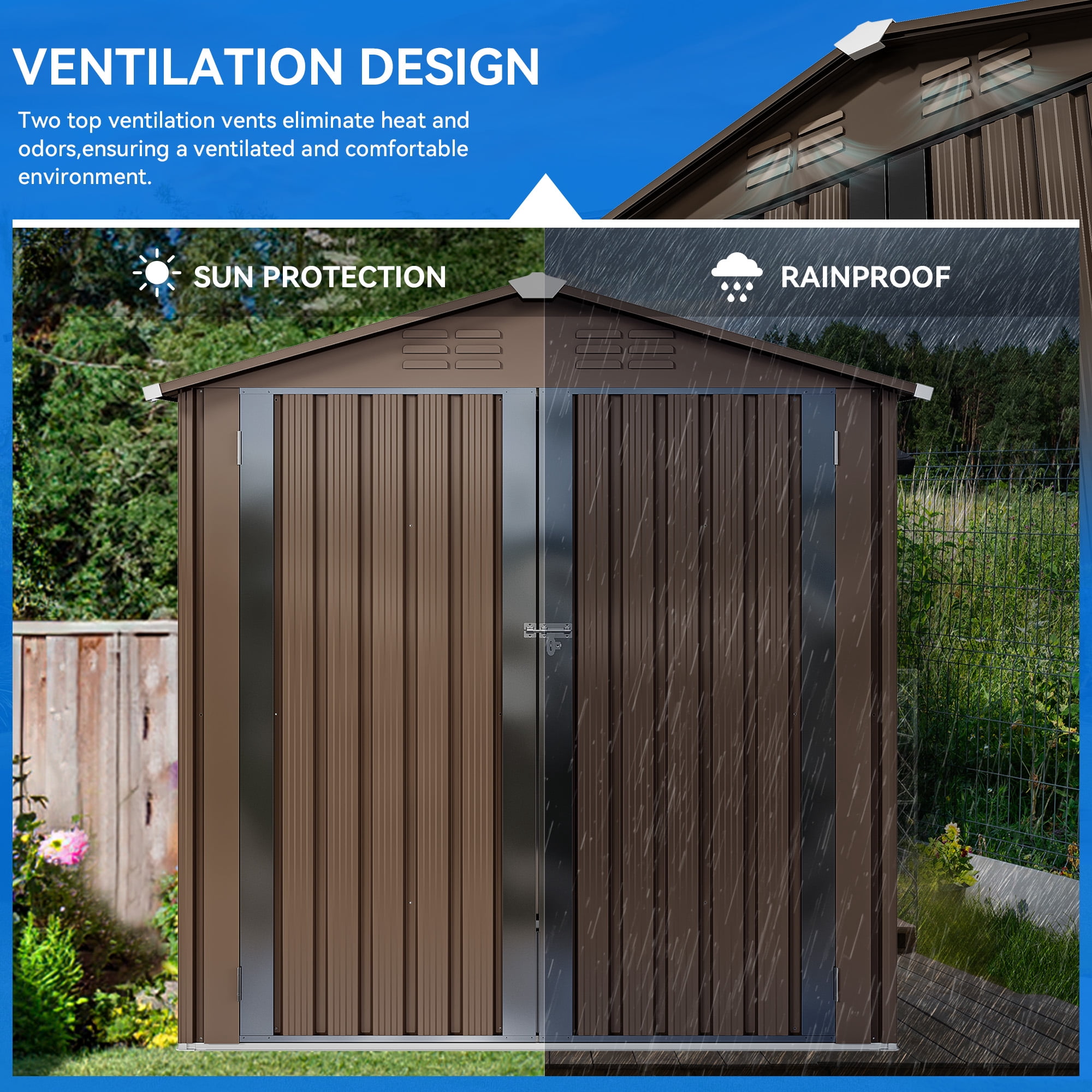 Dextrus Outdoor Storage Shed 6x4FT, Heavy Duty Metal Tool Sheds Storage House with Lockable Door & Air Vent for Garden, Patio, Lawn to Store Bikes, Trash Bins, Tools, Brown