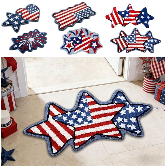 Beautynvta 4th of July Bathroom Rugs, American Stars Tufted Rug Patriotic Floor Mat, Plush Non-Slip Absorbent Bath Rug for Indoor Entrance Bathroom Decor, 35.4x18 Inch