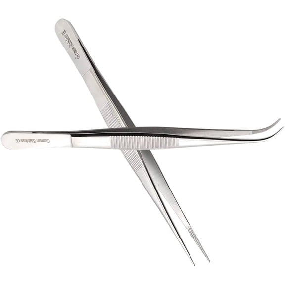 2 Pcs Kitchen Fine Tweezers Tongs for Grilling Cooking Serving - Silver 5.5" - Straight   Curved Serrated Tips