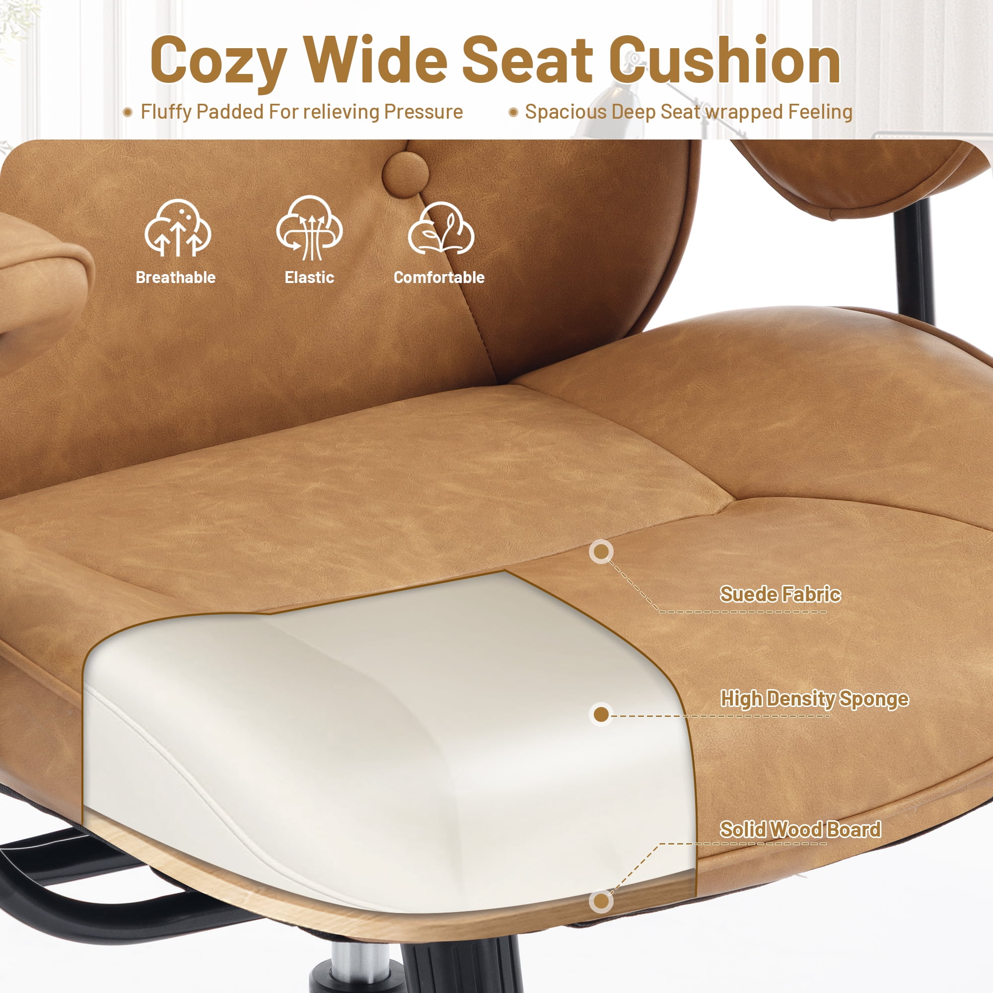 Mid Century Modern Office Desk Chair with Wheels and Arms, Mid Back Ergonomic Office Chair with Lumbar Support, Swivel Leather Computer Desk Chair for All Day Comfort