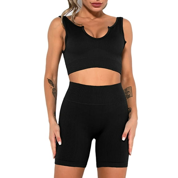 SWSMCLT Women's Biker Shorts Tracksuit High Waisted Activewear Set 2 Piece Outfits Short Sleeve Crop Tops Seamless Slim Fit U Neck Workout Sports Black Large