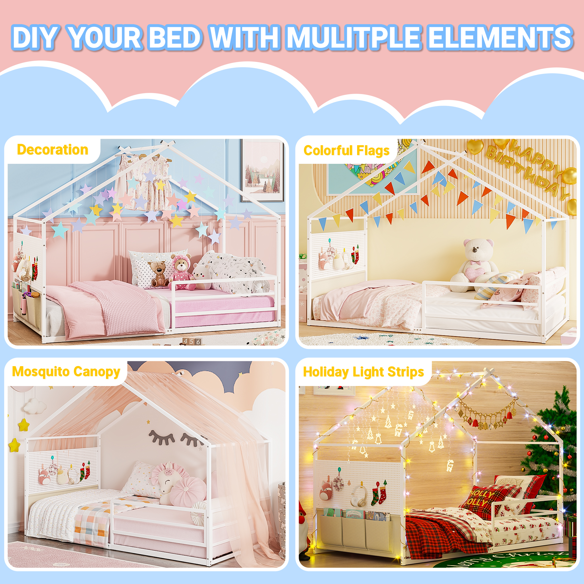 Yoneston Twin Floor Montessori Bed with Storage Caddy & Pegboard, House Shape Metal Floor Bed with Guardrails for Toddlers Kids Boys Girls, White