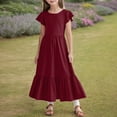 thumbnail image 3 of Girls Dresses Party Dresses for Girls Girls Summer Pleated Short Sleeve Round Neck Loose Casual Flowy Layered Extra Long Dress With Pockets, 3 of 7