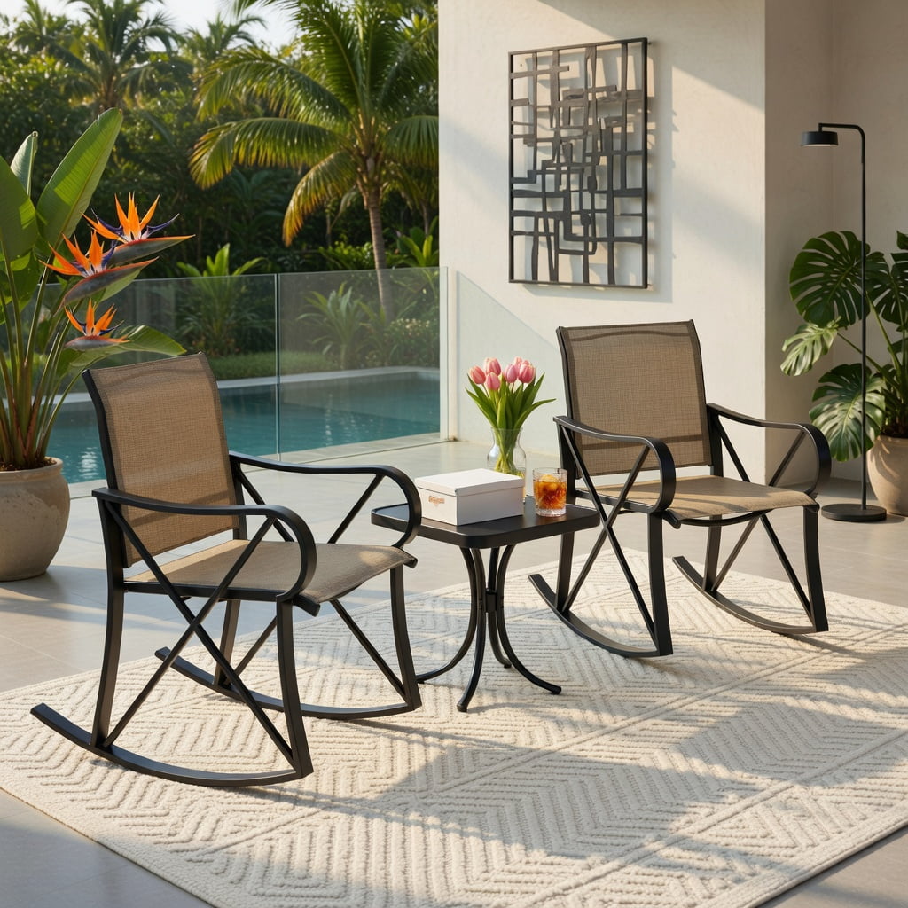 Hommoo 3-Piece Outdoor Rocking Patio Set, Metal Rocker Chairs with Tempered Glass Side Table, Ideal for Backyard, Porch & Balcony, Brown