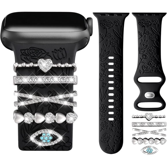 Correa con Floral Grabado Compatible con Apple Watch 40mm 44mm 42mm 38mm 41mm 45mm 46mm 49mm, Correas Silicona Suave con Adornos Decorativos para iWatch Series 11/10/9/8/7/6/5/4/3/2/1 SE Ultra