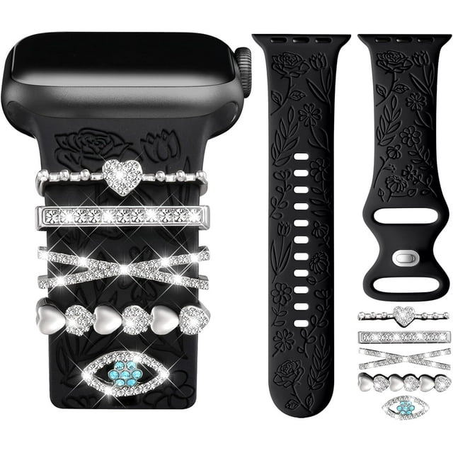 Correa con Floral Grabado Compatible con Apple Watch 40mm 44mm 42mm 38mm 41mm 45mm 46mm 49mm, Correas Silicona Suave con Adornos Decorativos para iWatch Series 11/10/9/8/7/6/5/4/3/2/1 SE Ultra
