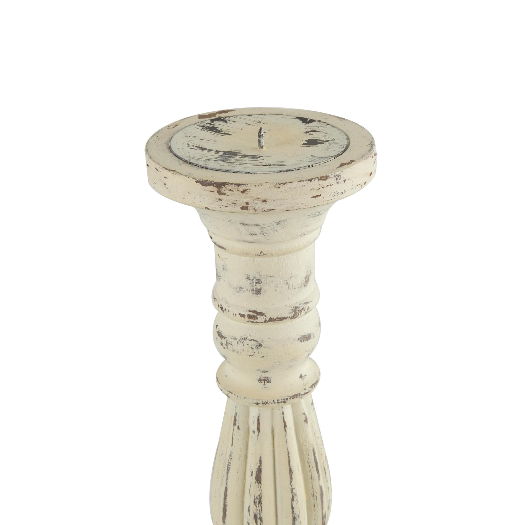 DecMode 3 Candle White Mango Wood Tall Distressed Turned Candle Holder, Set of 3