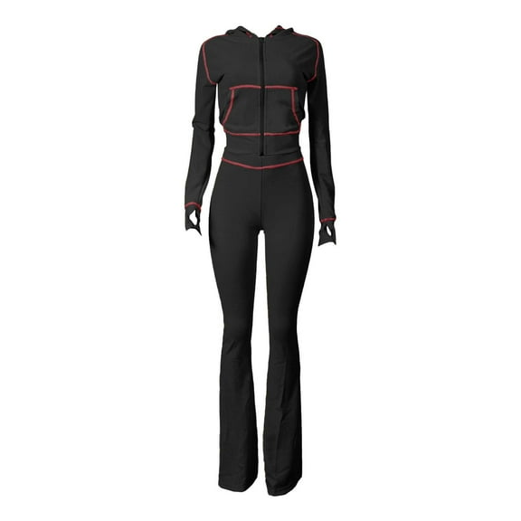 GILIGEGE Two Piece Sets for Women Women's 2 Piece Outfits Fall Long Sleeve Zipper Hoodie Jacket and Flared Leggings Workout Sets Sweatsuit Black L