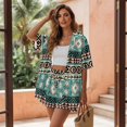 thumbnail image 3 of FKEKYI Women's 2 Piece Set Short Sleeve Shirt & Shorts with Elastic Waist American Tribal Green Geometric Print Summer Beachwear Soft Vacation Outfits Open Front Top Lounge Set, L, 3 of 7
