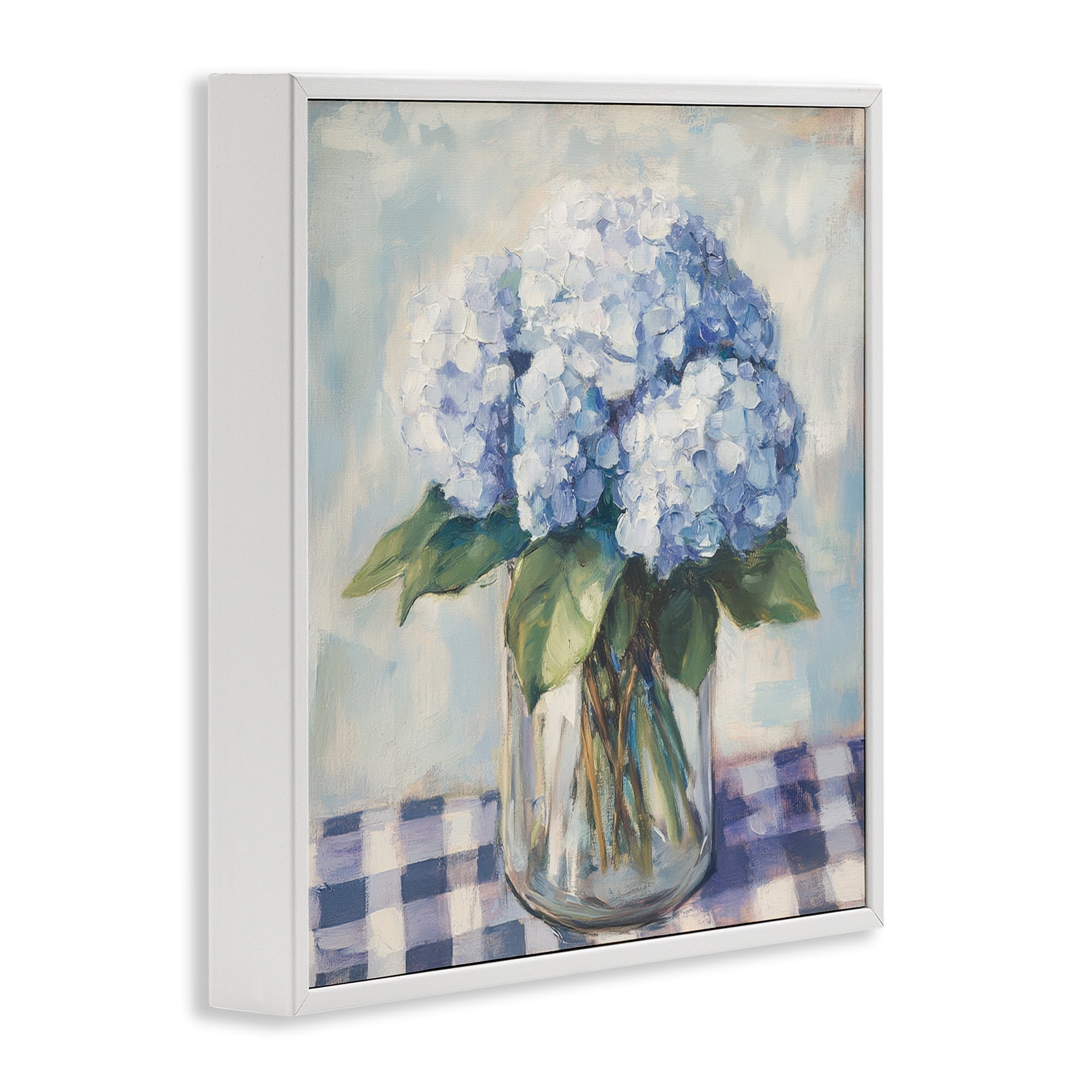Stupell Industries Hydrangeas on Gingham Tablecloth White Framed Giclee Art, design by Petal Prints Design