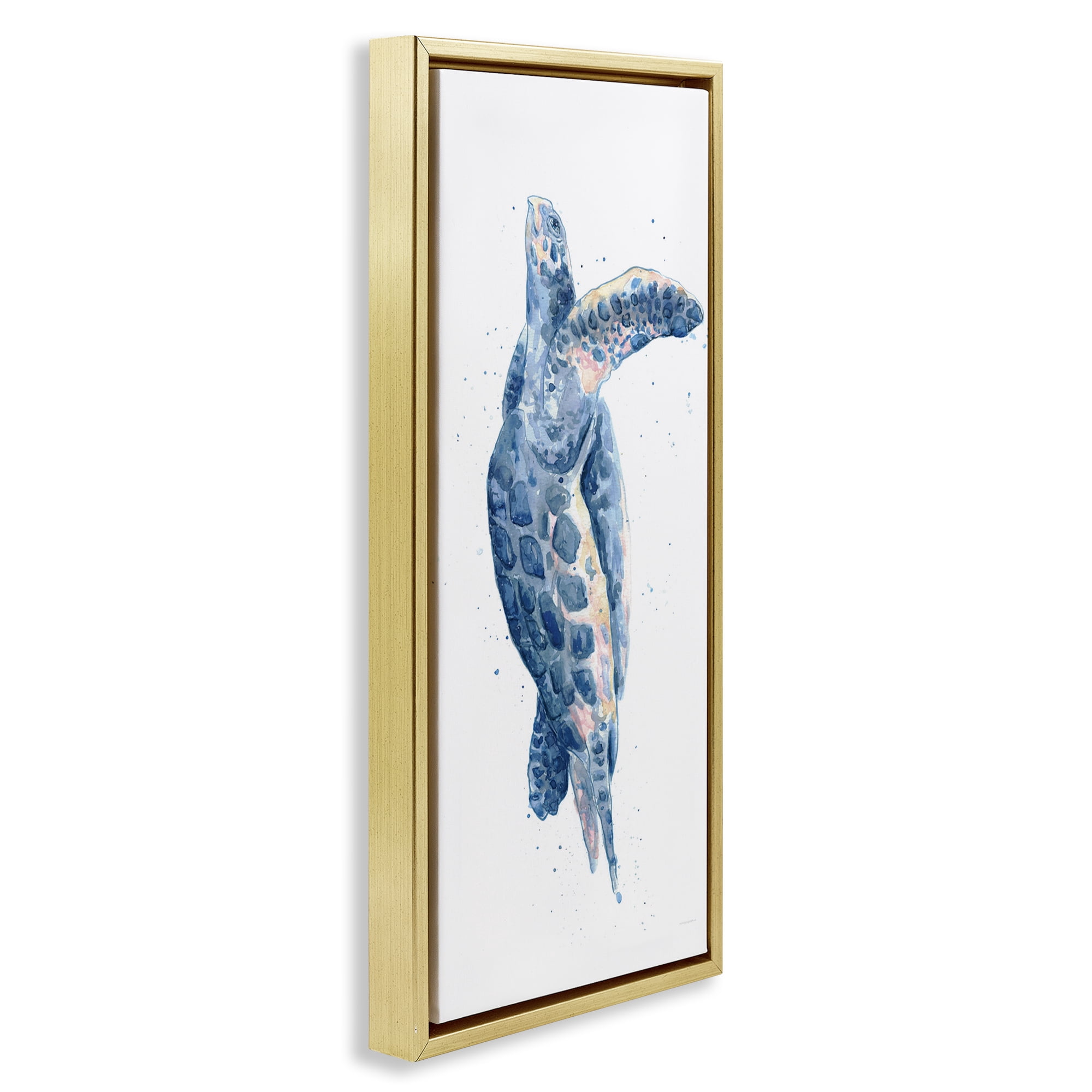 Stupell Industries Blue Turtle Swimming Animals & Insects Painting Gold Floater Framed Canvas Art Print Wall Art, 11 x 25