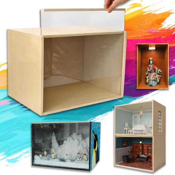 iLAND Wooden Diorama Box Large Display Boxes for Collectibles Figures Miniatures and a Dollhouse Room Box Unfinished 15.7&ldquo;x 11&rdquo;x11&ldquo;
