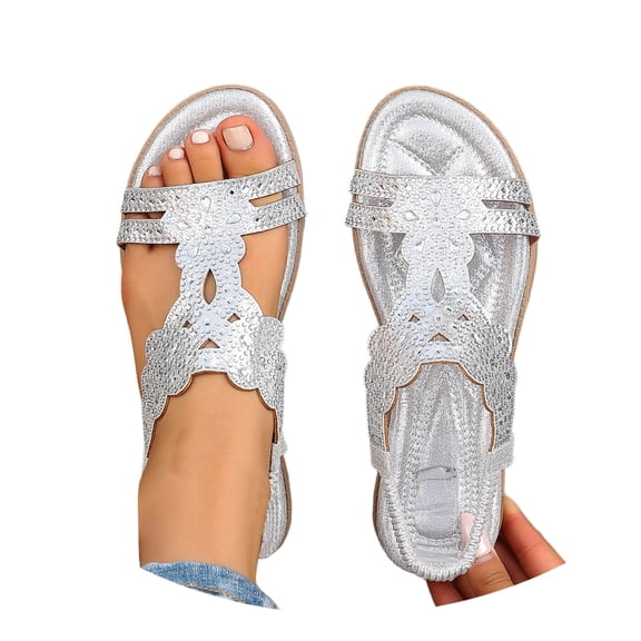 Fiaer Women's Rhinestone Flat Sandals T-Strap Buckle Bohemian Comfort Sandals with Non on Ankle Elastic Strap Summer Beach Flats Shoes Silver 9.5