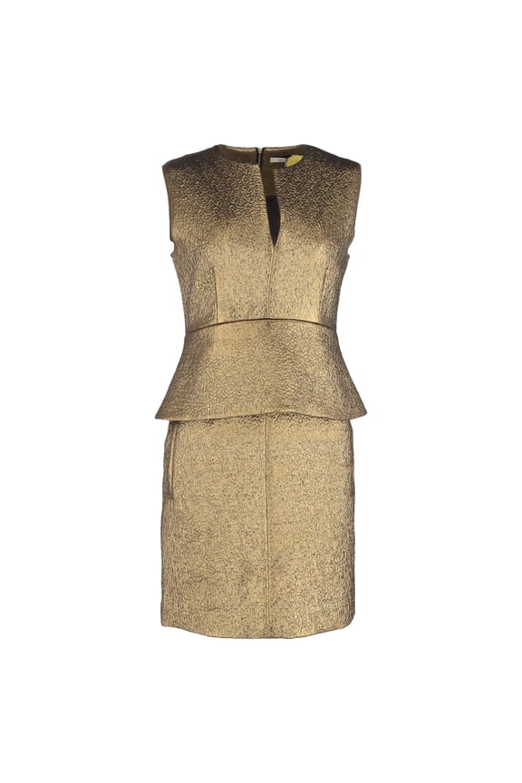 Pre-Owned Diane von Furstenberg Delian Jacquard Peplum Dress in Gold Wool