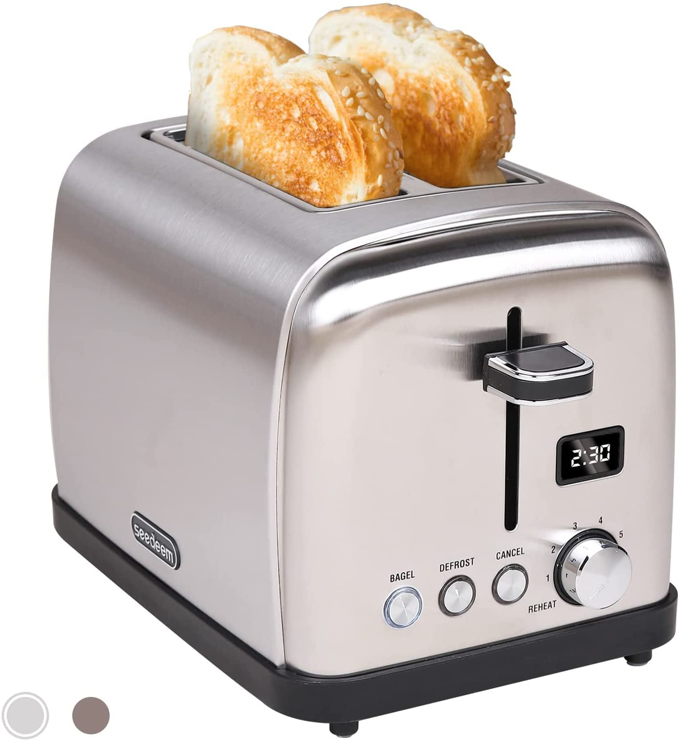 Toaster 2 Slice, Stainless Steel Bread Toaster with LCD Display, 7